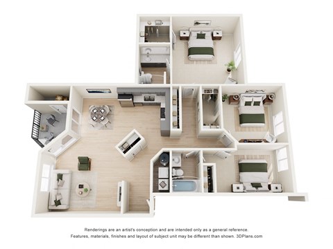 Floor plan for 3 beds, 2 baths, 1300 sqft